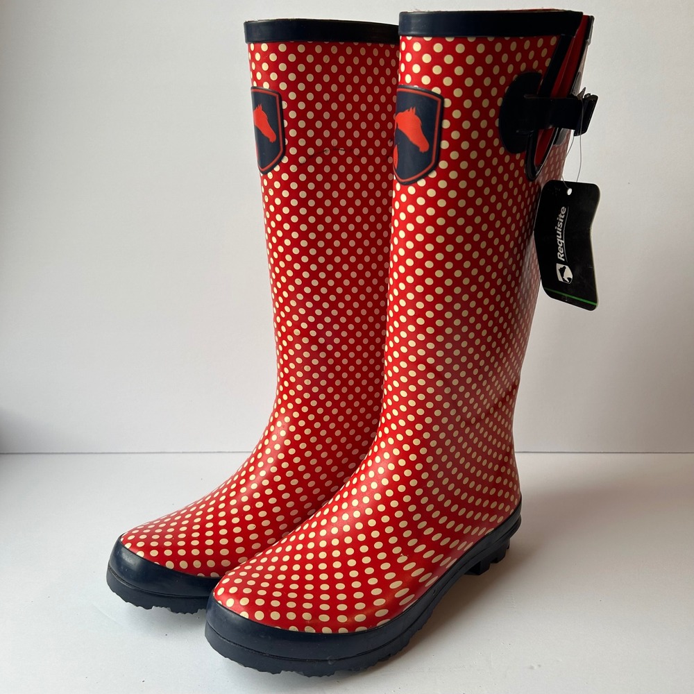 Requisite Spot Welly Rain Boots Womens 8 Red New Polka Dot Waterproof Equestrian